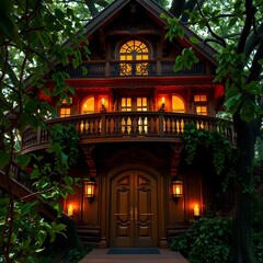 Fototapeta premium A majestic luxury tree house nestled among lush green leaves, featuring intricate wooden carvings, a wraparound balcony art illustration design