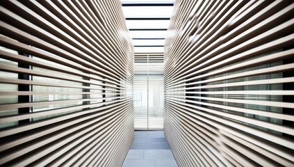 Obraz premium Modern, light-filled corridor with light beige slatted walls. Interior design, linear pattern, natural light, minimalist architecture