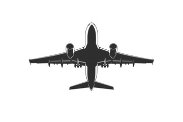 Minimalist black airplane viewed from above, sleek shape and strong shadow lines emphasize aerodynamic form, isolated on a transparent background