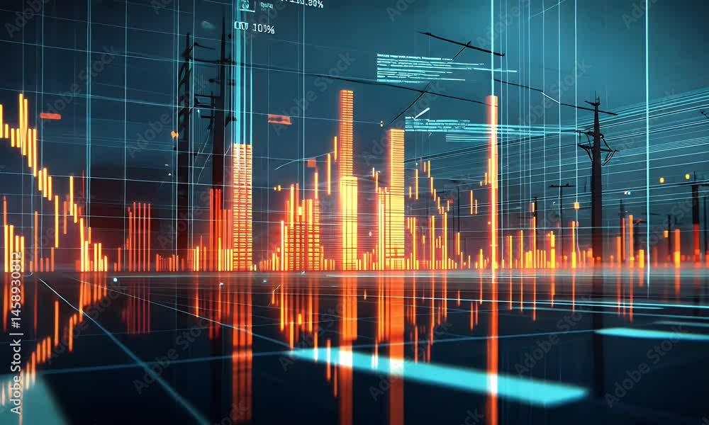 Poster digital background featuring stock market graphs and electricity grid elements. the focus is on an e
