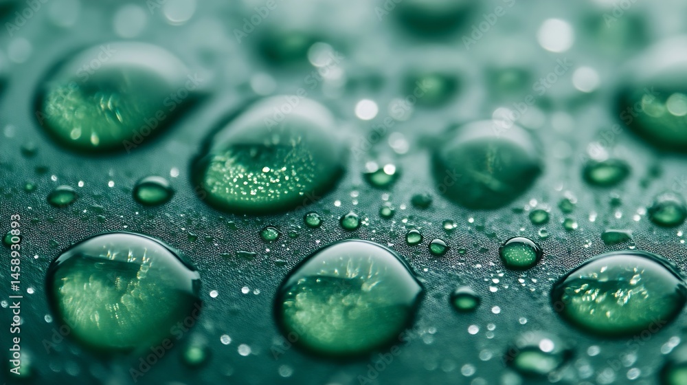 Fototapete Close-up view of water droplets on a dark teal surface, showcasing their spherical shape and reflective qualities, with subtle bokeh effects in the background. : Generative AI