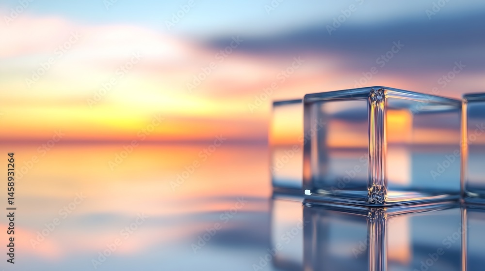 Aufkleber glass cubes reflecting a vibrant sunset over a calm ocean, creating a serene and minimalist scene. t