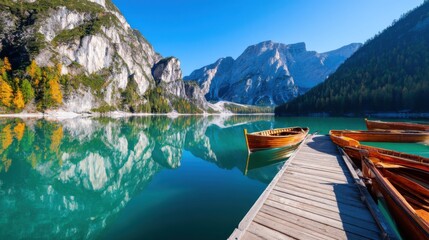 Serene Alpine Lake with Wooden Boats and Majestic Mountains