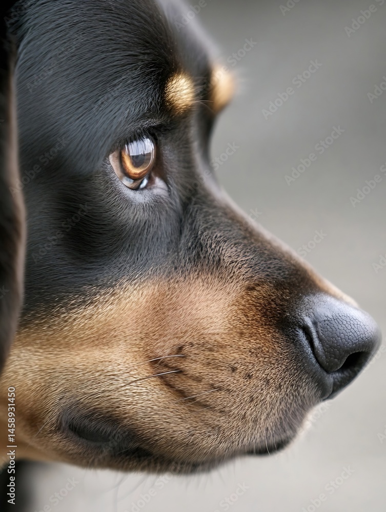 Poster close-up profile view of a black and tan dog, its amber eyes gazing thoughtfully into the distance, 