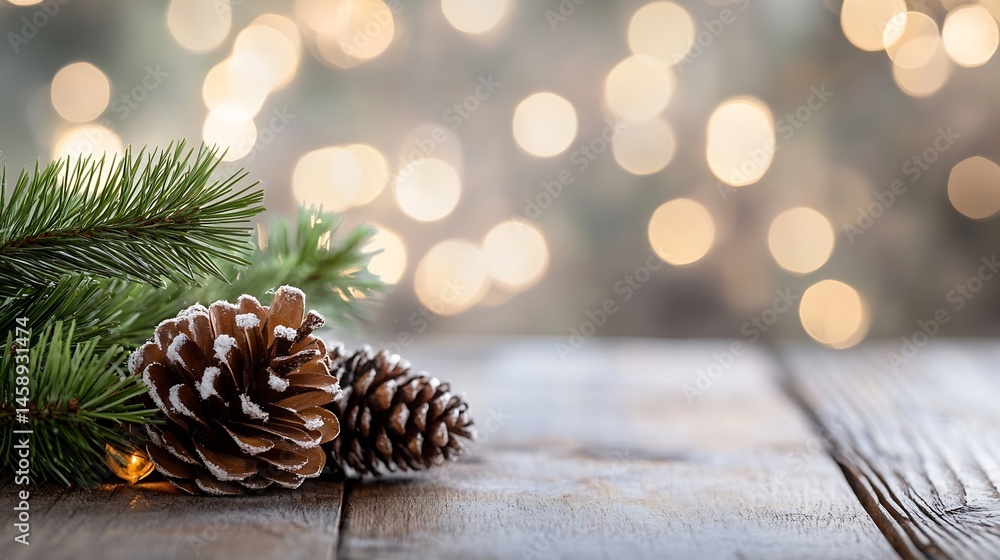 Aufkleber Snowy pine cones and evergreen branches rest on a rustic wooden surface, bokeh lights blur in the background, creating a festive winter scene. : Generative AI