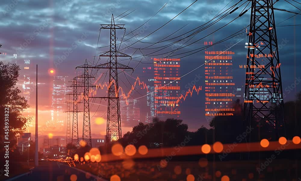 Poster digital background featuring stock market graphs and electricity grid elements. the focus is on an e
