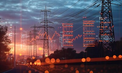 Digital background featuring stock market graphs and electricity grid elements. The focus is on an energy data screen displaying dynamic trends, with power lines in the blurred backdrop. - Powered by Adobe