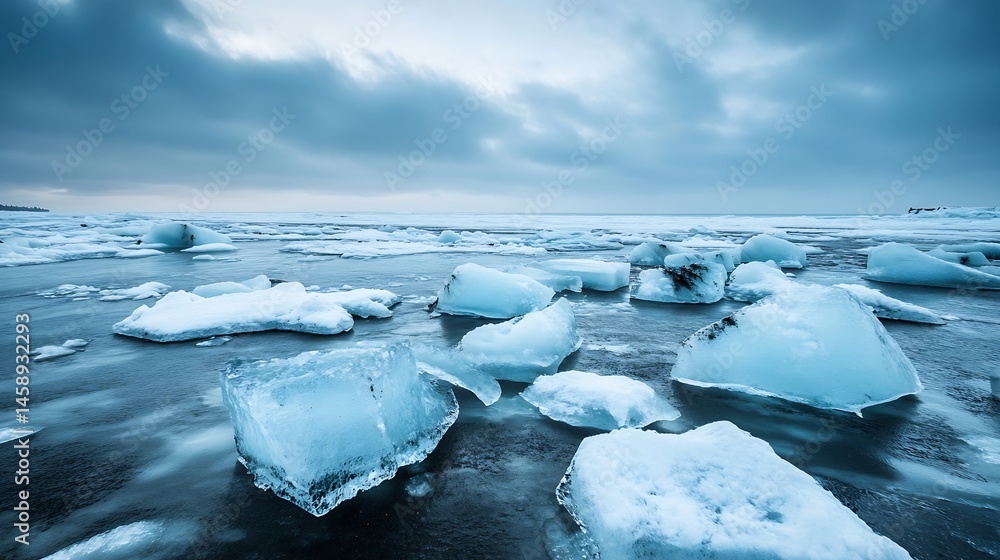 Aufkleber icy blue blocks of glacial ice float on dark water under a brooding, grey sky, creating a dramatic w