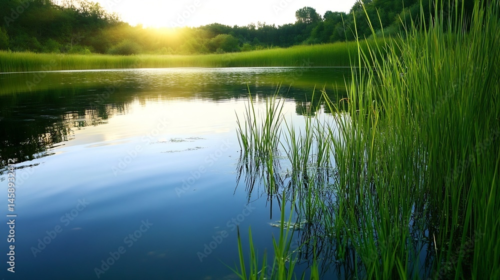 Poster serene sunset over calm lake water, reflected trees and lush green reeds create a tranquil summer ev