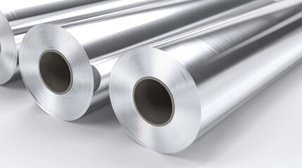 Fototapeta premium Rolled aluminum foil. Stacked aluminum foil rolls