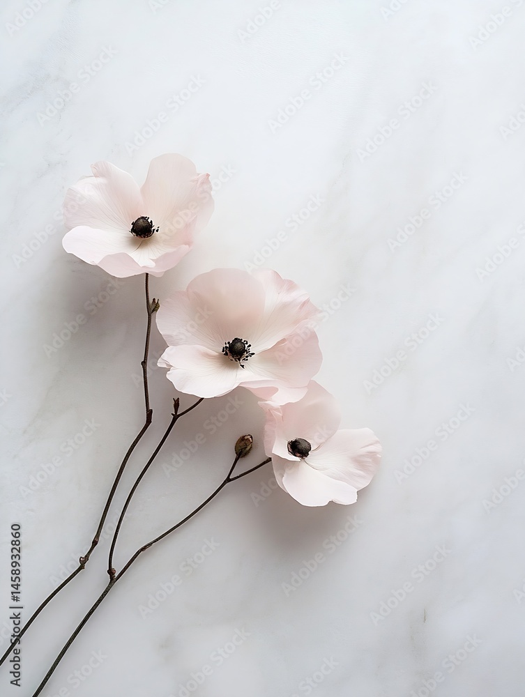 Aufkleber three delicate blush pink anemones arranged on a marble surface, creating a minimalist floral compos