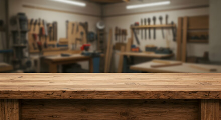 Empty wooden table in a carpentry workshop background with tools and equipment for craftsmanship and woodworking