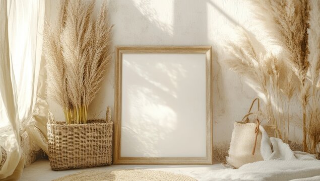A mockup of an A4 frame in a cozy boho-style living room with neutral tones, a large wicker basket, and pampas grass.