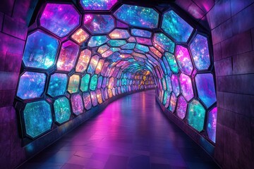 Vibrant, glowing tunnel with colorful, hexagonal panels