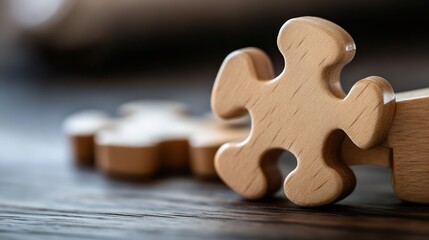 Close-up of a single wooden jigsaw puzzle piece on a dark wood surface, with blurred additional pieces in the background, suggesting concepts of connection, solution, and problem-solvi : Generative AI