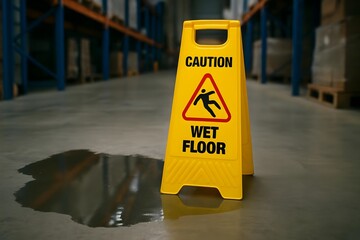 Yellow Caution Wet Floor Sign in Warehouse with Water Puddle