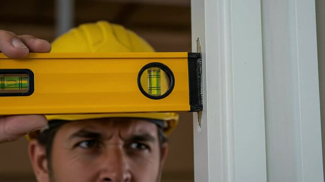 Focused Adult Male Construction Worker with Hard Hat Using Spirit Level to Ensure Accuracy While Installing Door Frames in Residential Building