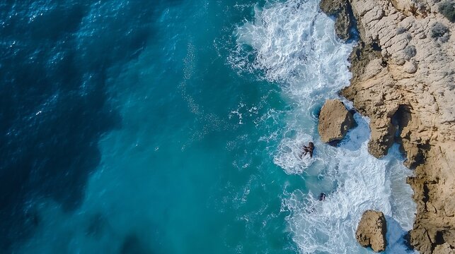 Aerial view of turquoise ocean waves crashing against a rocky coastline, showcasing the dramatic contrast between the deep blue water and the light beige cliffs. : Generative AI