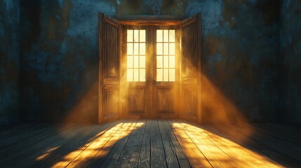 Sunlight Beaming Through Rustic Wooden Doors in Abandoned Vintage Room with Atmospheric Dust and Shadows