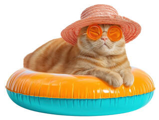 Playful cat relaxing on inflatable float with summer accessories, cut out