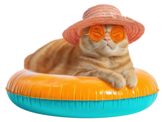 Playful cat relaxing on inflatable float with summer accessories, cut out