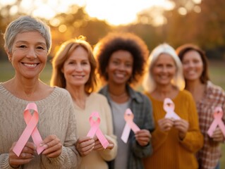 Diverse women group holding pink ribbons together outdoor at sunset, emotional breast cancer awareness support unity scene, warm light, nature background, Selective Focus..