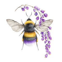A fuzzy bumblebee is portrayed with purple flowers in a watercolor image.