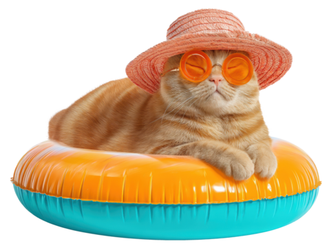 Playful cat relaxing on inflatable float with summer accessories, cut out