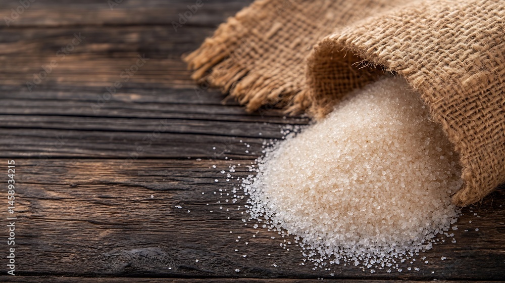 Poster A burlap sack spills granulated sugar onto a dark brown wooden surface, creating a rustic and textured scene ideal for food and beverage related projects. : Generative AI