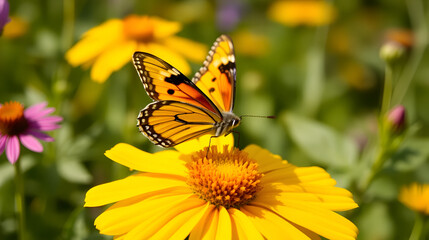 Obraz premium Butterfly on yellow coreopsis in summer garden closeup