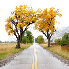 Obraz premium Yellow trees line a road into distant mountains on a clear autumn day.
