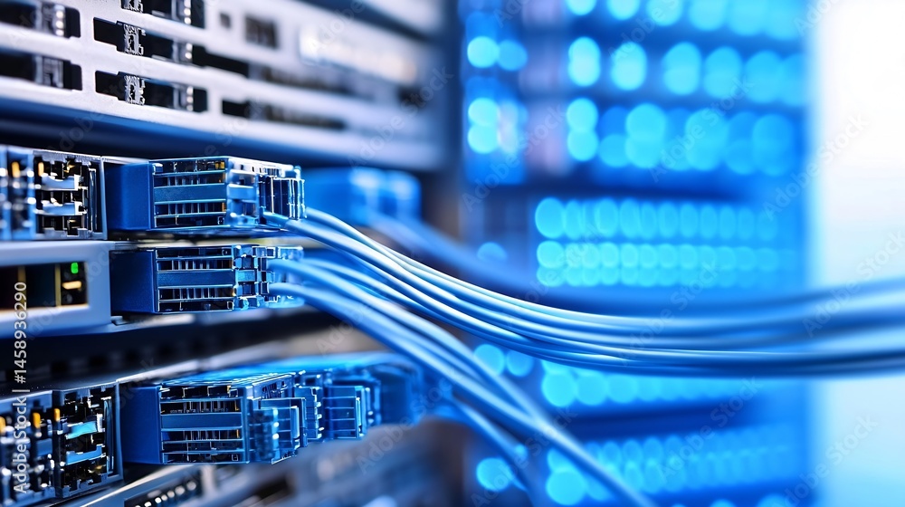Poster Close-up view of blue fiber optic cables connected to a server rack, showcasing intricate details of network infrastructure and data transfer technology. : Generative AI