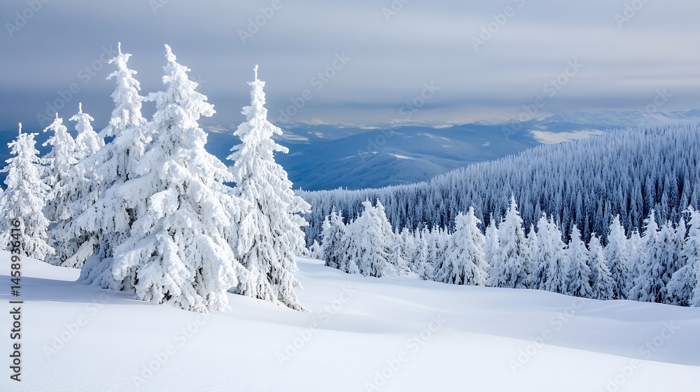 Poster snow-covered fir trees stand majestically on a snowy mountain slope, overlooking a vast winter lands