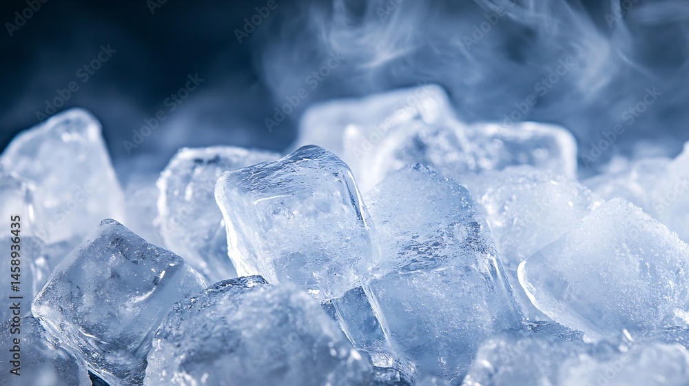 Poster close-up view of glistening ice cubes, subtly frosted, with a soft, cool blue hue and faint smoke or