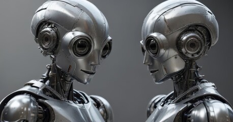 Two metallic robots hugging, shiny textures, big eyes,  huggable,  child art