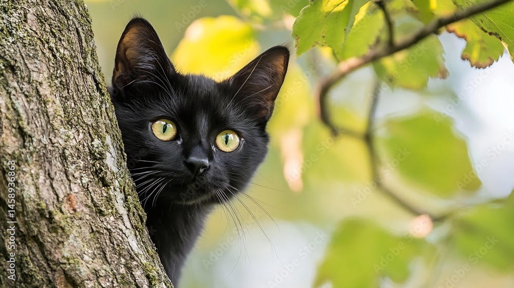 Poster a curious black kitten peeks from behind a tree trunk, its bright yellow eyes gleaming in the dapple
