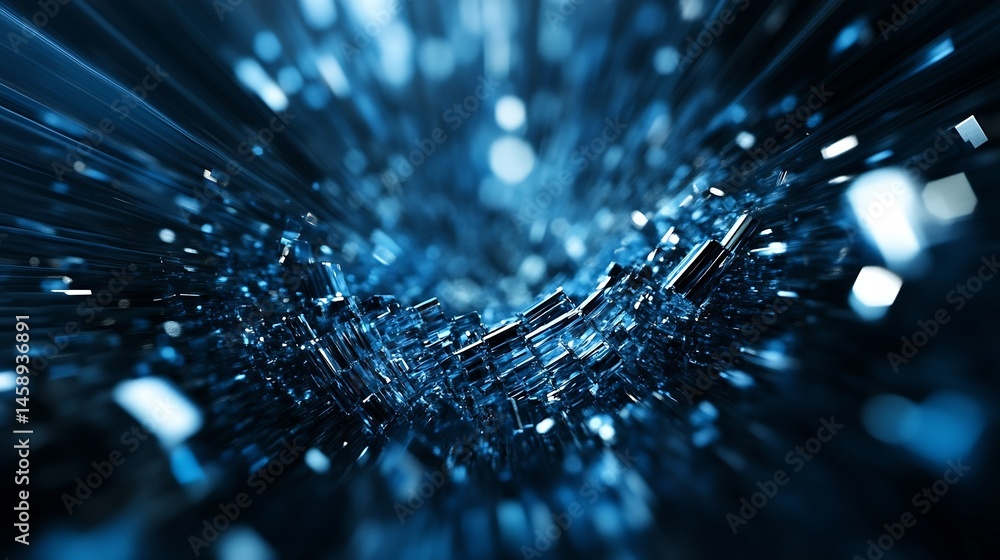 Fototapete Abstract digital rendering of shattered blue glass crystals, creating a dynamic, explosive effect with intense light rays and bokeh. : Generative AI