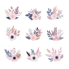 Fototapeta premium Collection of beautiful floral arrangements featuring soft pink and purple tones on a white background, perfect for decorative purposes or graphic design projects.