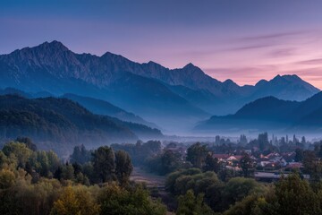 Serene Mountain Village Embraced by Mist Under a Dreamy Pastel Dawn Sky