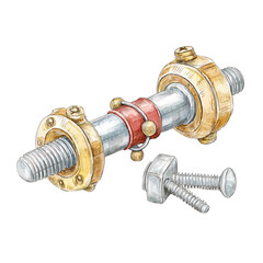 A watercolor illustration shows a bolt, nuts, and screws isolated on white.