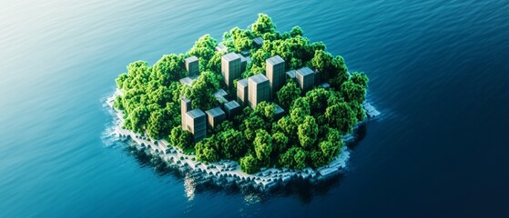 A small island with a lot of trees and buildings