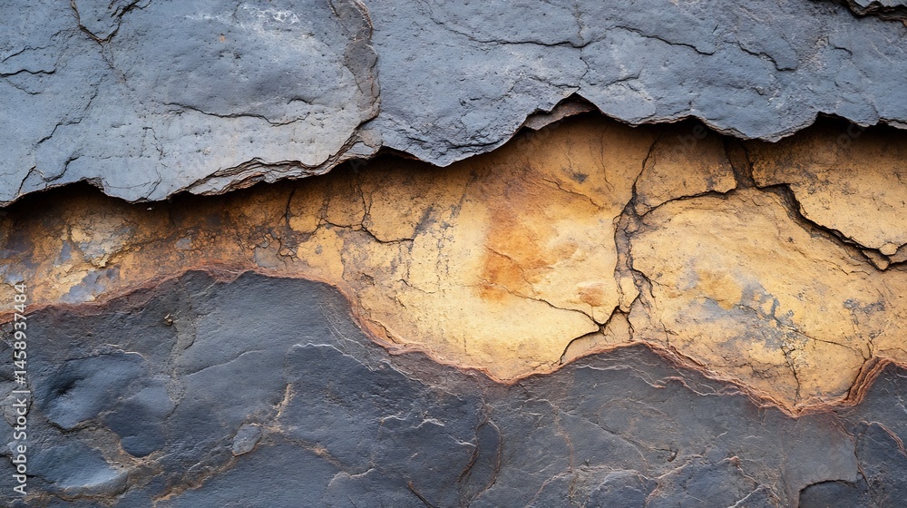 Poster Abstract Texture of Gray and Ochre Stone Layers, Showing Natural Cracks and Erosion Patterns. Ideal for Backgrounds or Design Elements. : Generative AI