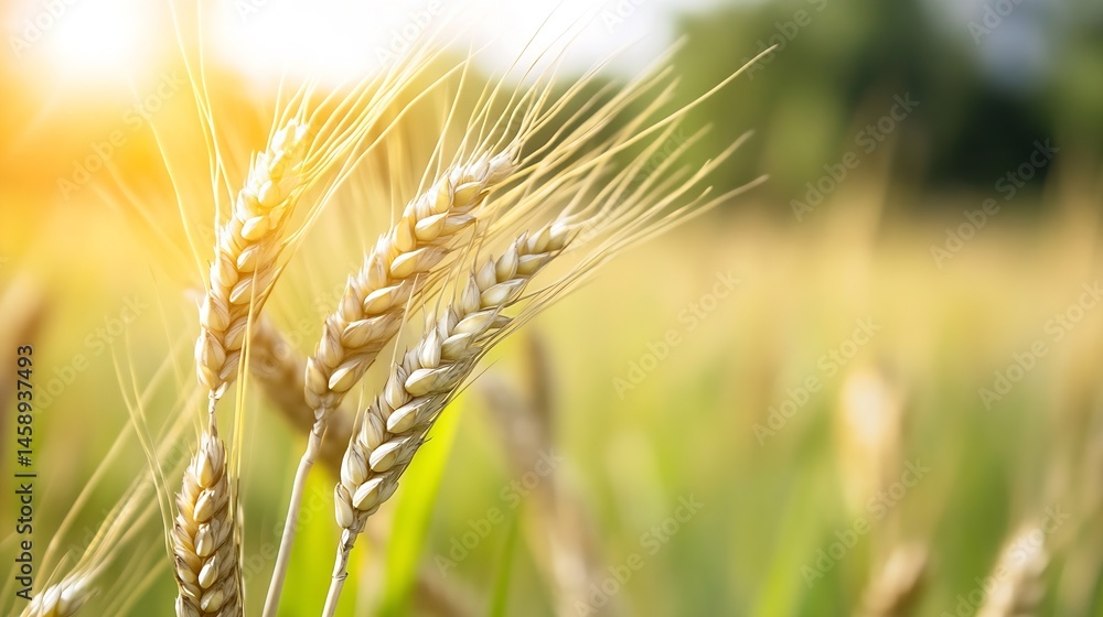 Poster Golden wheat stalks illuminated by sunlight in a field, showcasing the detail of the grains and the soft bokeh of the background. : Generative AI