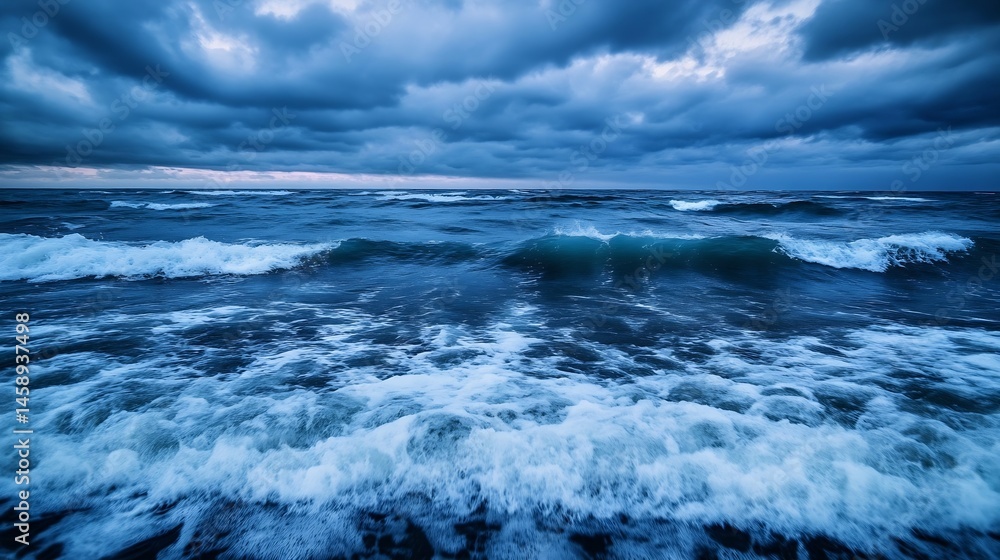 Aufkleber dramatic ocean waves crashing on the shore under a stormy, dark blue sky. the powerful waves create 