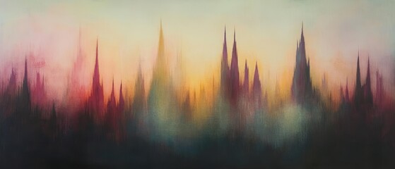 A painting of a forest with a sunset in the background
