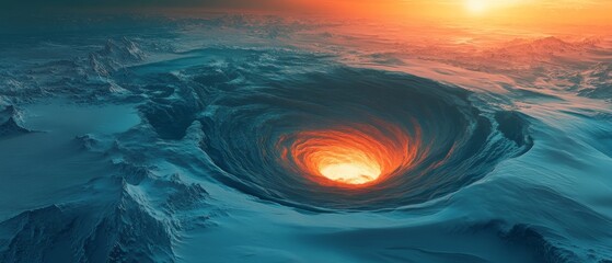 A large hole in the ocean with a bright orange sun in the background