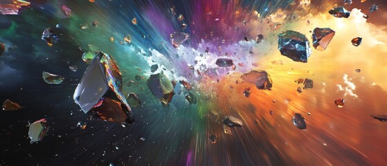 A colorful explosion of space debris with a rainbow of colors