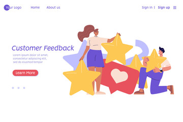 Customer Feedback. People with Five Stars Giving Feedback and Opinion. Clients Choosing Satisfaction Rating. Concept of Client Feedback, Online Survey, Customer Review. Vector illustration Web Design