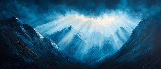 A painting of mountains with a bright blue sky and sun shining on the mountains