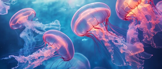 A group of jellyfish are swimming in the ocean